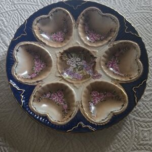 Limoges Blue and Cream Heart Ceramic Oyster Plate with Gold Trim